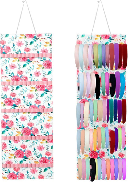 Tudomro Hanging Headband Holder for Girls Felt Hair Accessories Organizer with 60 Elastic Bands Bow Hanger for Girls Hair Bows Without Headbands(Pink, Green,Floral)