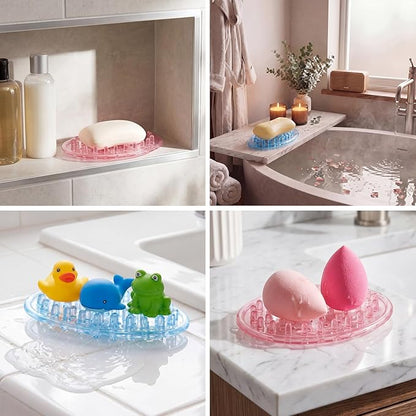 4 Pcs Plastic Soap Holder Soap Dish Bar Saver Tray with Holes Sponge Holder for Kitchen Bathroom Shower Counter, 4.5 x 3 x 0.7 Inches (Pink,Blue)
