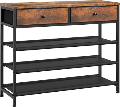 usikey Shoe Rack, 4 Tier Shoe Storage Organizer with 2 Drawers, Metal Shoe Shelf for 12-15 Pairs of Shoes, with 3 Oxford Fabric Shelves and Wooden Top, Shoe Stand for Entryway, Rustic Brown UNYXJX008F