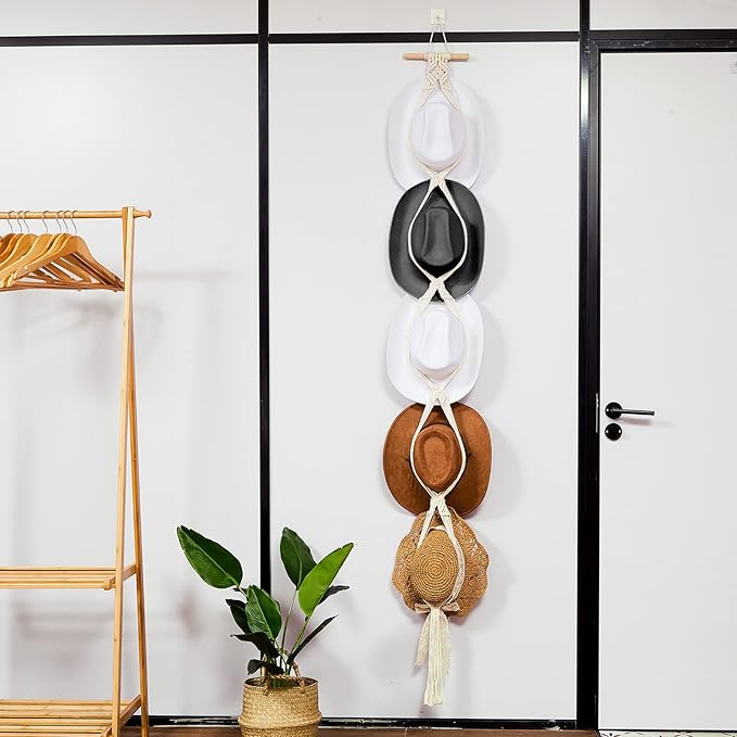 Yulejo Macrame Hat Hangers Racks Boho Cowboy Hats Holders Western Display Organizer Storage decor Back of Door for Wall(White,Five Hats Style)
