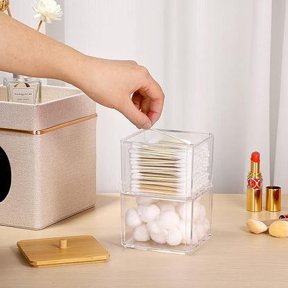 Hipiwe Clear Q-tip Dispenser Holder Acrylic Bathroom Containers 2-Tier Square Apothecary Jar with Lid Canister Cotton Swab and Ball Holder Vanity Storage Organizer for Cotton Round and Pads, Floss