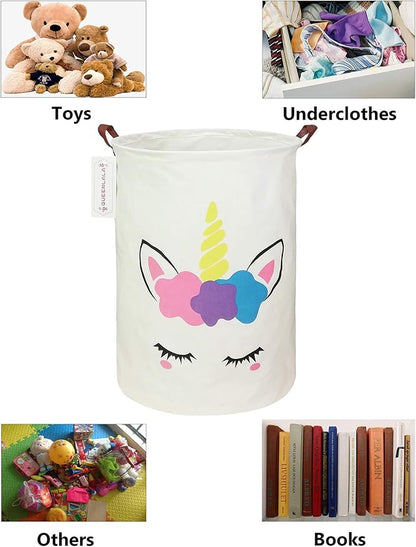QUEENLALA Large Storage Basket,Laundry Hamper/Bathroom/Home Decor/Collapsible Round Storage Bin,Boys and Girls Hamper/Boxes/Clothing(Golden Unicorn)