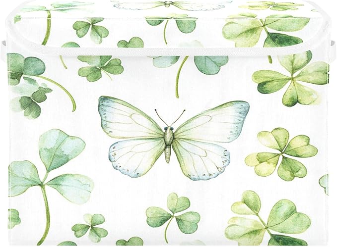senya St. Patrick's Day Baskets Collapsible Storage Bins with Lids, Green Watercolor Butterfly Clover Storage Boxes Clothes Baskets for Organizing