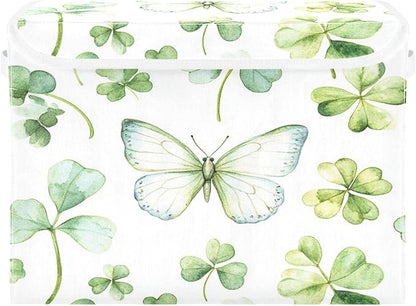senya St. Patrick's Day Baskets Collapsible Storage Bins with Lids, Green Watercolor Butterfly Clover Storage Boxes Clothes Baskets for Organizing