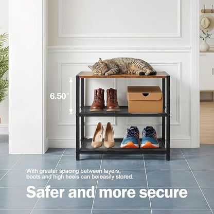 3-Tier Wooden Shoe Rack with Metal Mesh Shelves - for Entryway, Closet, Hallway & Bedroom Holds 6 Pairs, Ideal for Storage or Display