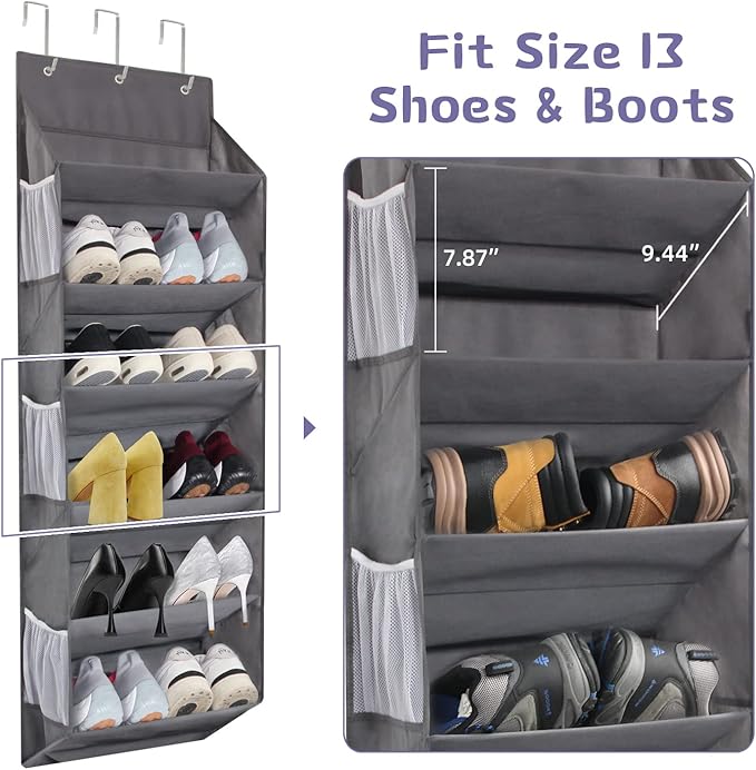 Over the Door Shoe Rack Organizer – Hanging Storage for 12 Pairs of Shoes, 6 Mesh Pockets + 6 Deep Large Pockets, 50lbs Capacity, for Closet, Bedroom, Dorm, Narrow Door (1 Pack)
