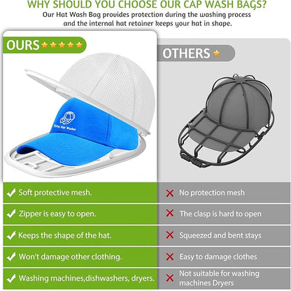 Eiito 2 Pack Hat Washer Cage for Washing Machine, Baseball Cap Cleaner Frame with Mesh Bag, Keeps Shape for Flat & Curved Brim, Fits Adult & Kids, White