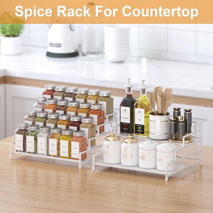 RUILALIFE 4-Tier-Spice-Rack-Organizer-for-Cabinet, Adjustable Depth Spice Holder Shelf For Countertop Pantry Cupboard, Metal Tiered Seasoning Organizer,Display Shelf Riser (White-2 Pack)