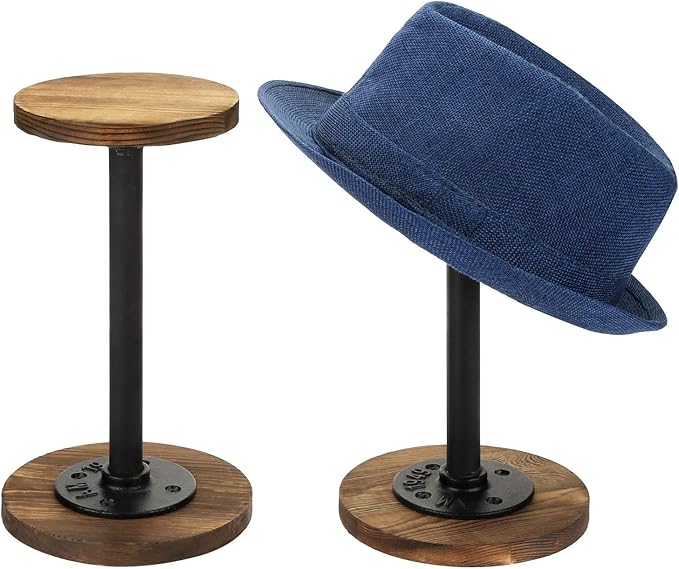 MyGift 2 Pcs Cowboy Hat Holder Rack, Hat Organizer Stand for Baseball Caps, Helmet, Tabletop Wig or Jewelry Display Riser, Rustic Burnt Wood with Industrial Metal Pipe