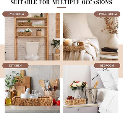 2 Pcs Toilet Paper Basket for Back of Toilet Wicker Water Hyacinth Basket Topper and Vanity Tray Set with Built-in Handles for Paper Hand Towel, Bathroom, Home, Spa(Light Brown)