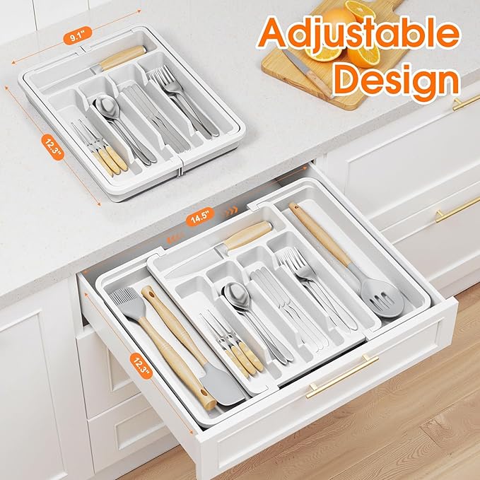 SpaceHacks Silverware Organizer，Adjustable & Expandable Utensil Drawer Organizer, BPA Free Utensil Holder, Cutlery Tray for Forks, Spoons, Knives in Kitchen, Medium, White