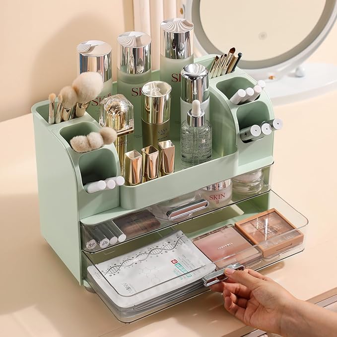 Anyoifax Makeup Organizer Countertop with Large Drawers, Vanity Organizer with Brush Holder, Skin Care Storage for Dresser, Perfume Organizer for Lotion, Lipsitck, Palette, Green