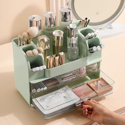 Anyoifax Makeup Organizer Countertop with Large Drawers, Vanity Organizer with Brush Holder, Skin Care Storage for Dresser, Perfume Organizer for Lotion, Lipsitck, Palette, Green