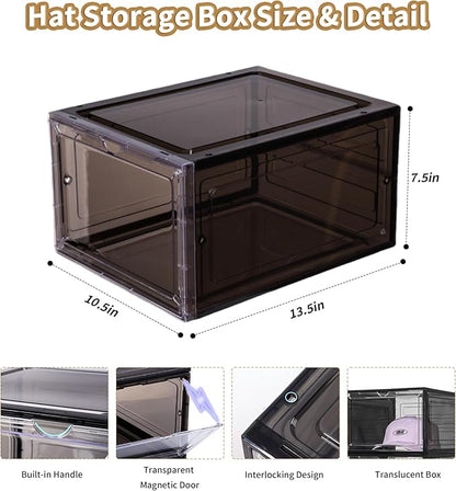 Attelite Upgrade Harder Solid Plastic Hat Organizer for Baseball Caps, 8 Pack Stackable Hat Storage Box with Clear Magnetic Door, Hat Rack(XL-Black)