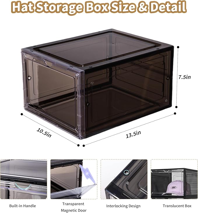 Attelite Hat Organizer for Baseball Caps, set of 6, Stackable Hat Storage Box With Transparent Magnetic Door, Hat Rack, Easy to Assemble Stylish Display(Clear Black)