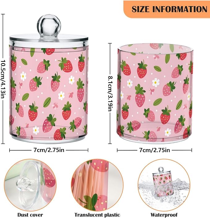 Milk Cow Qtip Holder with Lid 2PCS Apothecary Jars Storage Containers, Clear Plastic Canister for Cotton Swab,Floss Picks, Cosmetics (Daisy and Strawberry, one sizex2)