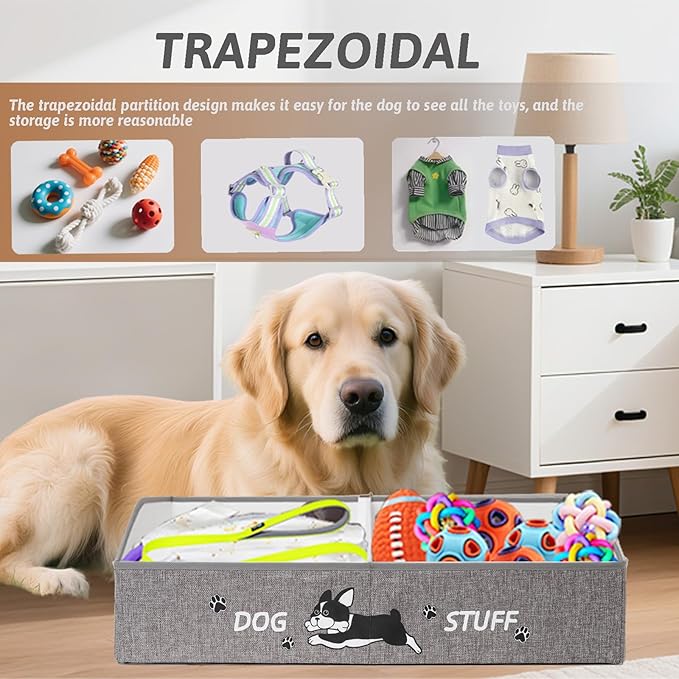 Large Dog Toy Basket with Handles, 28.5" Collapsible Multi-Purpose Hard Board Dog Toy box, Clothes, Cute for Living Room Area (Grey,Cream)