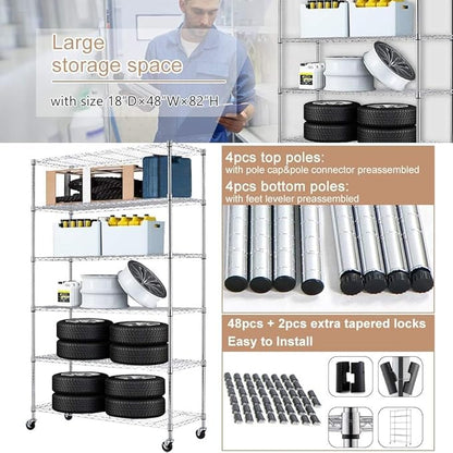 Storage Shelves with Wheels 6 Tier Wire Shelving Adjustable Metal Shelving Unit Heavy Duty NSF Shelf Capacity 2100lbs for Garage Rack, Kitchen, Closet, Commercial (45"x18"x82", Chrome)