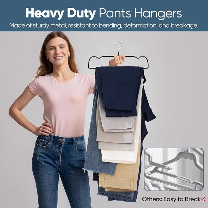 Black Rubber Coated Metal Pants Hangers 20 Pack with Shoulder Notches, Non-Slip, Heavy Duty, Space Saving Closet Organizer for Slacks, Scarf, Ties, Includes 4 Magic Hangers and 10 Hooks