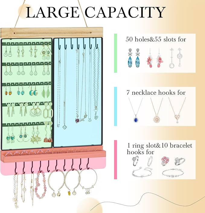 Feyejade Hanging Jewelry Organizer, 5-Tier Wall Earring Holder with Wooden Ring Groove, Jewelry Rack Wall Mounted for Earrings, Necklaces, Bracelets and Rings, Jewelry Holder Stand, Black