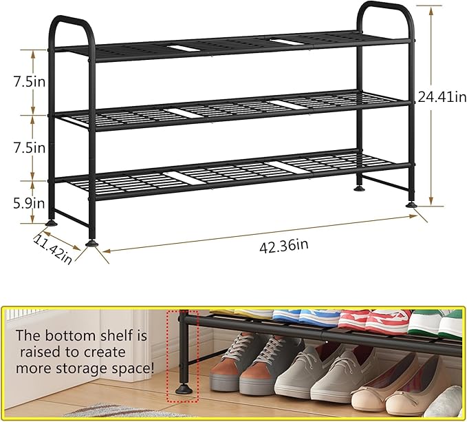 LINZINAR Shoe Rack Long 3 Tier Metal Shoe Organizer Metal Wide Shoe Shelf for Closet Entryway Bedroom Large Capacity Black