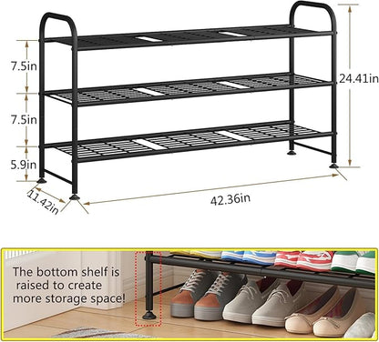 LINZINAR Shoe Rack Long 3 Tier Metal Shoe Organizer Metal Wide Shoe Shelf for Closet Entryway Bedroom Large Capacity Black