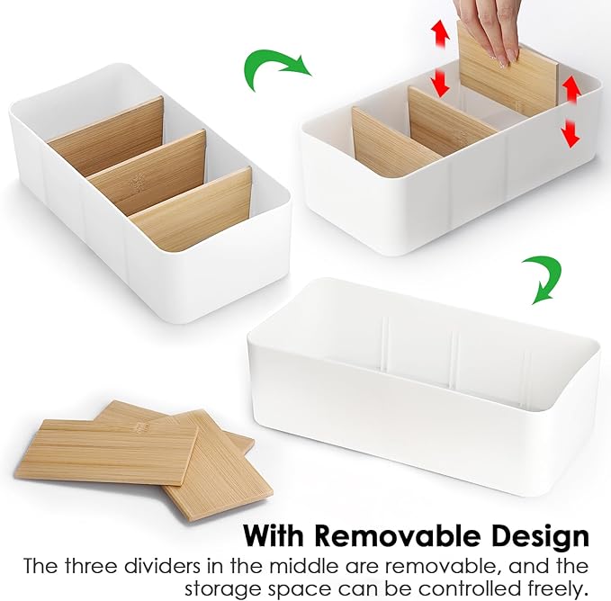 BSTKEY Seasoning Packet Organizer, Food Storage Organizer with Divided 4 Bamboo Wood Compartments, White Plastic Storage Caddy for Pantry Cabinet, Kitchen Organization Bin for Snacks Spice Packets