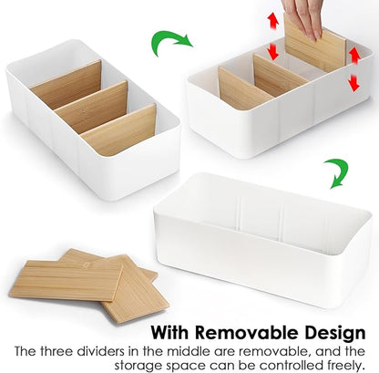 BSTKEY Seasoning Packet Organizer, Food Storage Organizer with Divided 4 Bamboo Wood Compartments, White Plastic Storage Caddy for Pantry Cabinet, Kitchen Organization Bin for Snacks Spice Packets