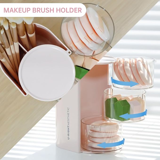 Clear Hair Accessories Organizer & Hair Brush Holder, Rotatable Makeup Brush Holder and Jewelry Storage Box for Hair Clips, Earrings, Necklaces, Rings and Bracelets (Pink, 3-Layer)