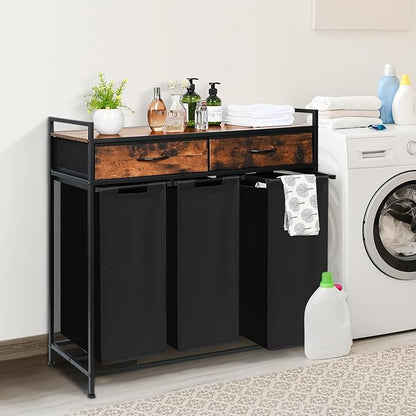 Laundry Sorter 3 Section, 180L Laundry Hamper Basket with Shelf and 2 Drawers, 3 Compartment Clothes Storage Organizer Cart, Pull-Out Removable Oxford Fabric Bags, Rustic Brown and Black