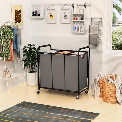 180L (47.55 Gal) Laundry Sorter 3 Section, Rolling Laundry Basket with Lockable Wheels and Lid, Laundry Hamper with 3 Separated Removable Bags Dirty Clothes Hamper for Laundry Room Organizer, Grey