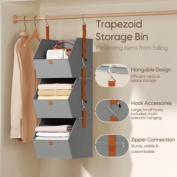 Homsorout Collapsible Hanging Closet Organizer - 3 Tier Closet Shelves Storage System with Hooks, Fabric Hanging Storage Bins for Clothes, Foldable Storage Basket for Laundry, Bedroom, Rv, Grey