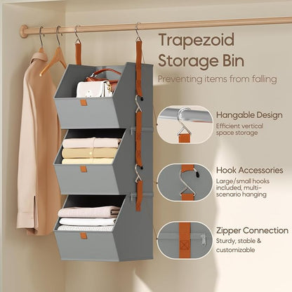 Homsorout Collapsible Hanging Closet Organizer - 3 Tier Closet Shelves Storage System with Hooks, Fabric Hanging Storage Bins for Clothes, Foldable Storage Basket for Laundry, Bedroom, Rv, Grey