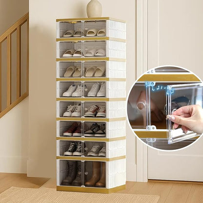 SYNCVIBE Shoe Rack Organizer for Closet Entryway Foldable Sneaker Storage Shoe, Collapsible Shoe Cabinet, Stackable Shoe Storage Cabinet with Lids for Living Room (9 Tiers -18 Pairs White Gold)