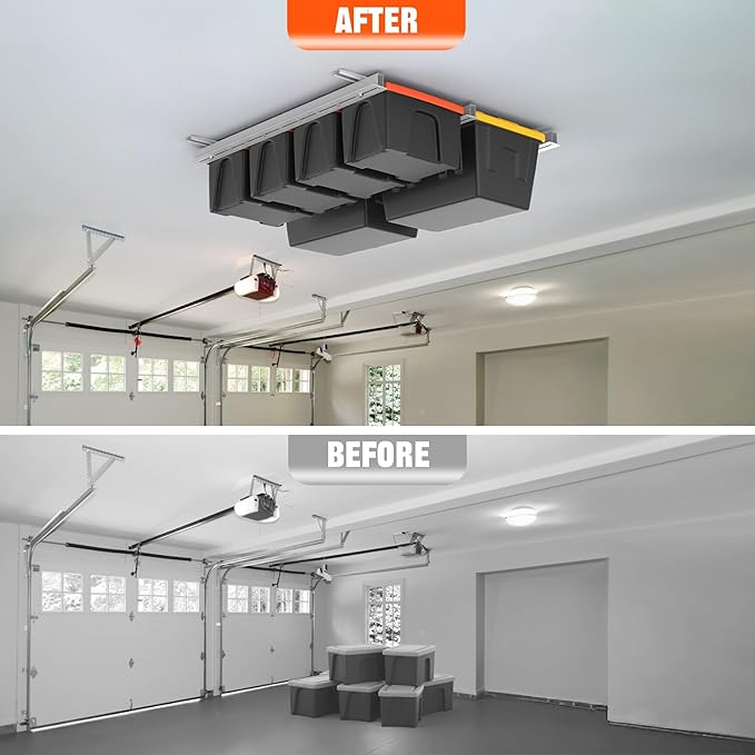 TORACK Garage Ceiling Bin Storage Rack, Overhead Tote Storage Rail System Heavy Duty Adjustable Tote Slide Rails Garage Bins Storage System(White, Bins are not included)