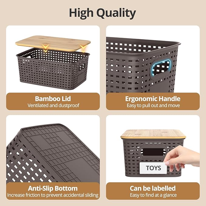 Plastic Storage Baskets with Bamboo Lids, Stackable Small Box Bins for Organizing and Containers for Shelves Drawers Desktop Closet Pantry Classroom Office Home, 6 Pack 10.2x7.2x4.1 Inch, Brown