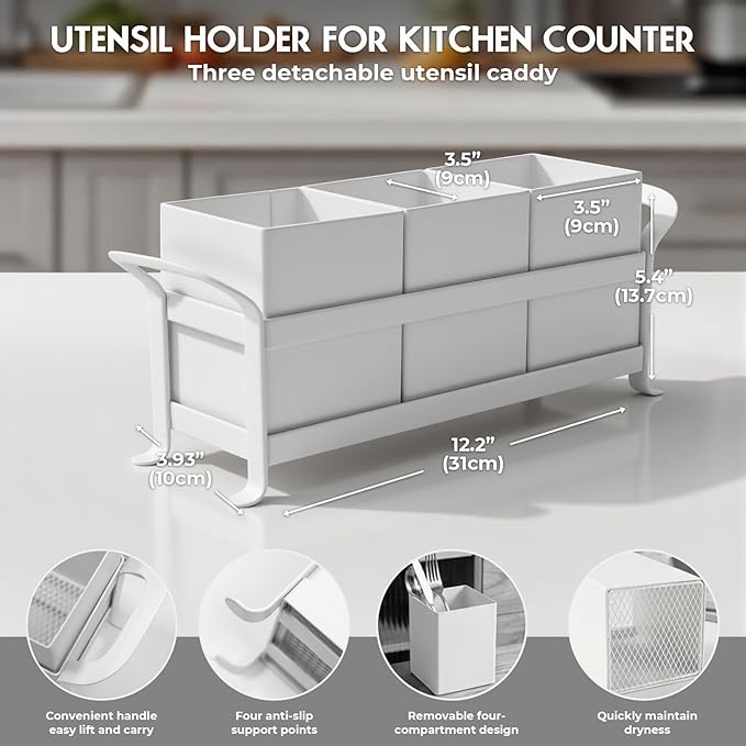 Utensil Holder Mesh Drainage Holes, 3pcs Bins Set Countertop Utensil Holder for Spoons, Forks and Knives, Cutlery Organizer Suitable for Party, Kitchen Counter, White