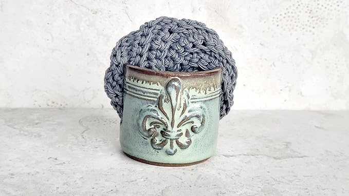 Fleur De Lis Sponge Holder for Sink White French Country Farmhouse Decor Compact Handmade Drain Rack (Green/Bronze)