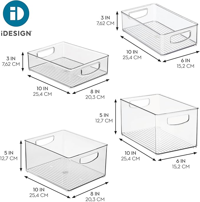 iDesign Stackable Pantry Bins with Handles, 4 Different Sizes, 4 Pack, Clear, Made in USA