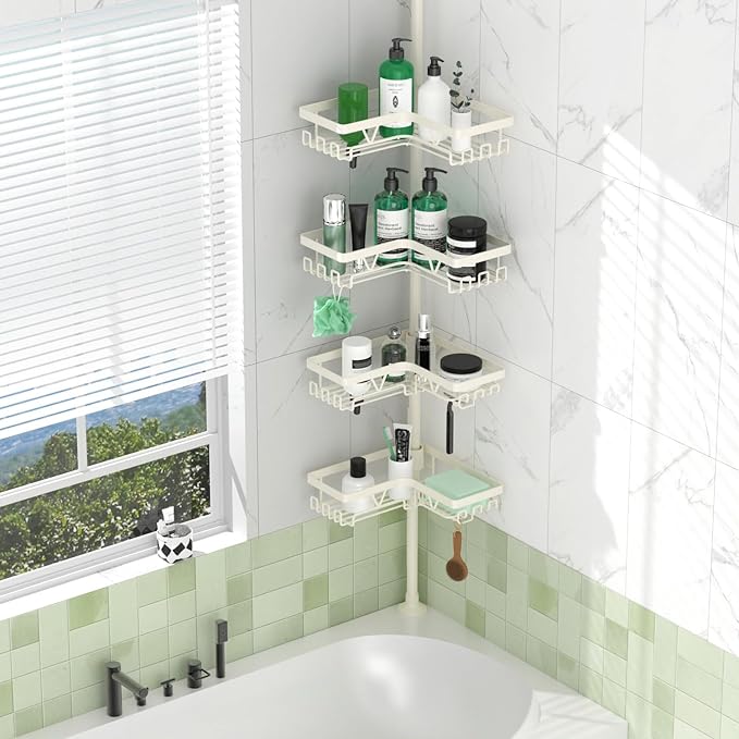 DAOYA Corner Shower Caddy Tension Pole, 4-Tier Adjustable Corner Shower Caddy with Soap Dish & Razor Holder, Stainless Steel Tension Pole Shelf Fits Bathtub & Floor 25-114.2 inches(Off-white)