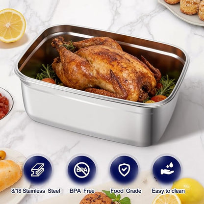QCQHDU Stainless Steel Food Storage Containers, 7500 ML/ 254 oz / 32 Cup Large Food Storage Meal Prep Containers with Airtight Lids for Roasting Turkey, Chicken, Baking Casserole, Fruits, Party