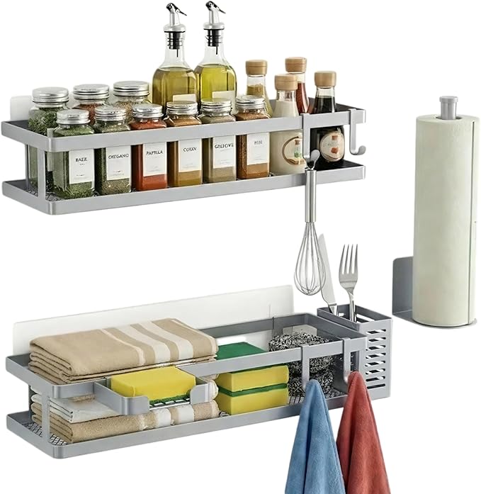 PUSDON 5-in-1 16.5" Extra Long Kitchen Organizer & Shower Caddy Set, Wall Mount Spice Rack with Paper Towel Holder, Utensil Holder & Soap Dish, Rustproof Mesh - Silver Gray, Guardrail