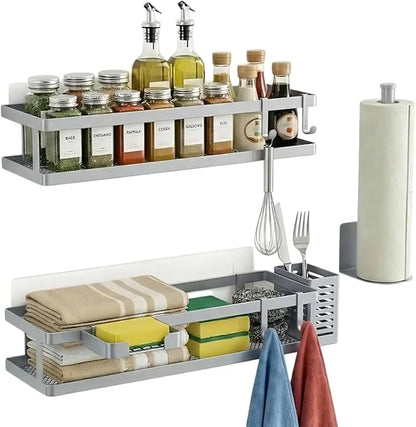 PUSDON 5-in-1 16.5" Extra Long Kitchen Organizer & Shower Caddy Set, Wall Mount Spice Rack with Paper Towel Holder, Utensil Holder & Soap Dish, Rustproof Mesh - Silver Gray, Guardrail
