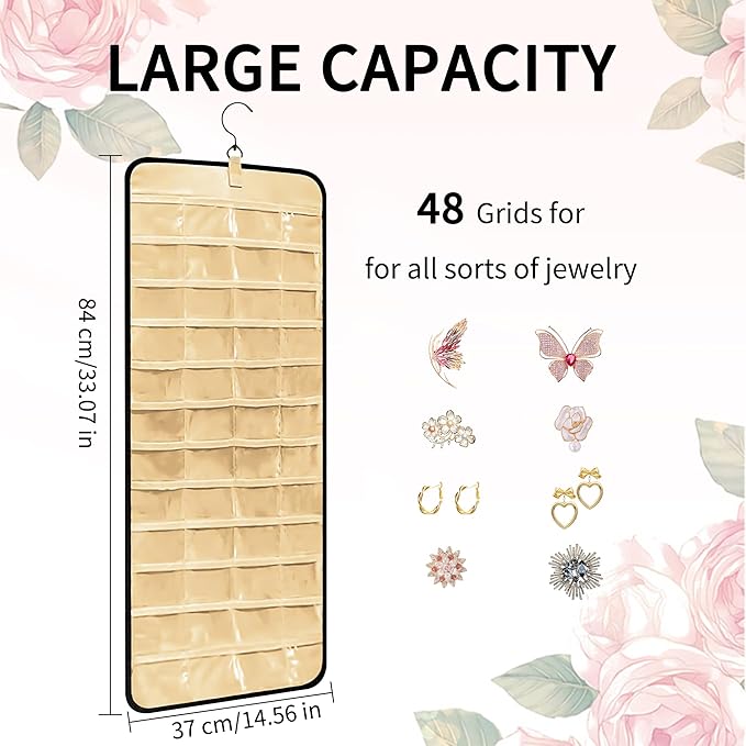 Bloss Hanging Jewelry Organizer-48 Pockets Dual-Sided Hanging Jewelry Organizers and Storage for Necklaces, Earrings Holder on Closet, Wall, Door, Birthday Gifts for Women,Blcak
