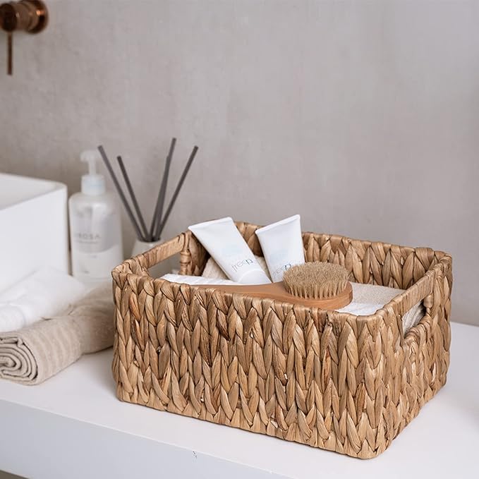 FairyHaus Wicker Baskets 15x11x7 & 13.4x9.5x6.5, 2 Pack Handmade Big Wicker Storage Basket with Handles, Natural Water Hyacinth Wicker Baskets for Storage Shelves Organizing, Rectangle Wicker Basket