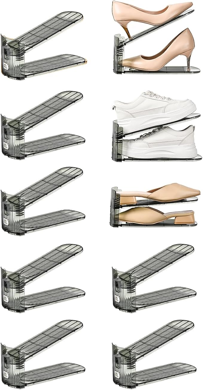Shoe Slots Organizer, Clear Shoe Stacker, Adjustable Level Shoe Rack,Storage Space Saver for Sneakers Display (Grey Transparent, 10Pack)