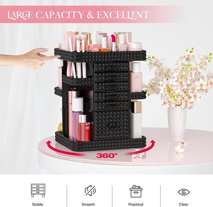 Rotating Makeup Organizer with 6 Drawers[New Updated], Multifunctional Cosmetics Organizer for Vanity Countertop, Square Jewelry Storage, Skincare Organizer for Makeup Holder (Plus Size-Black)