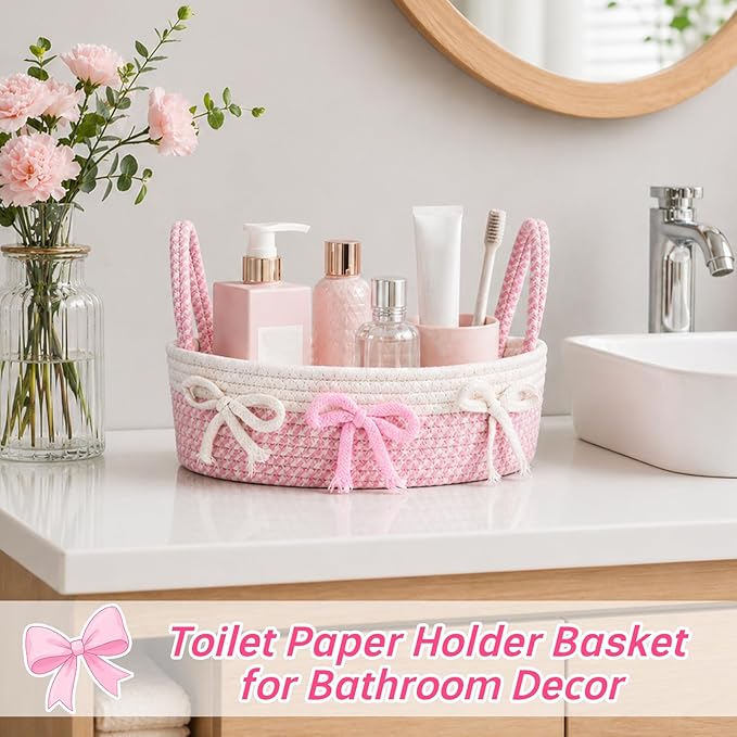 Toilet Bow Paper Basket–Woven Rope Pink Bow Decorative Bathroom Decor Organizer Toilet Tank Top Storage Basket, Oval Shelf Bin with Handles, Over Bedroom Wedding Paper Holder, 13" D x 4" H in