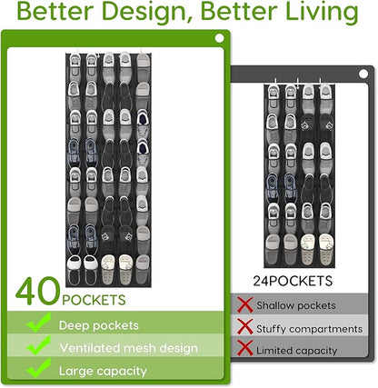 Over the Door Shoe Organizer with 40 Large Breathable Mesh Pockets, Space Saving Shoe Holder, Hanging Shoe Rack for Entryway Bedroom Closet Storage (Black, 40 Pockets)