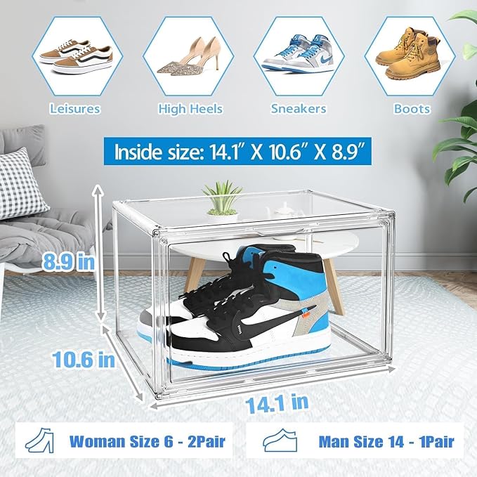 12 Pack Clear Acrylic Shoe Boxes Organizer, Extra-Thick Reinforced Stackable Shoe Storage with Magnetic Door, Dust-Proof Display Cases for Closet & Entryway, Fits up to Men’s 12, Crystal Clear